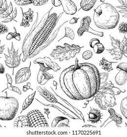 .Harvest products seamless pattern. Hand drawn vintage vector background with pumpkin, apple, corn, wheat, muchroom. Farm Market. Organic Vegetarian set. Detailed food drawing.