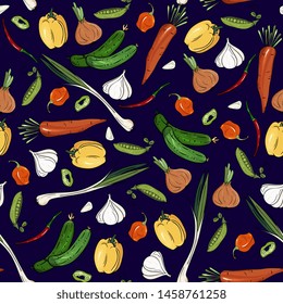 Harvest products seamless pattern. Hand drawn vintage background with pumpkin,mushroom,cucumbers, onions, garlic, pepper,carrots, peas. Farm Market. Organic Vegetarian set. Detailed food drawing.