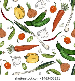 Harvest products seamless pattern. Hand drawn vintage background with pumpkin,mushroom,cucumbers, onions, garlic, pepper,carrots, peas. Farm Market. Organic Vegetarian set. Detailed food drawing.