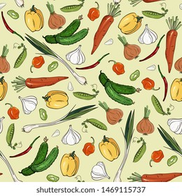 Harvest products seamless pattern. Hand drawn vintage background with pumpkin,mushroom,cucumbers, onions, garlic, pepper,carrots, peas. Farm Market. Organic Vegetarian set. Detailed food drawing.