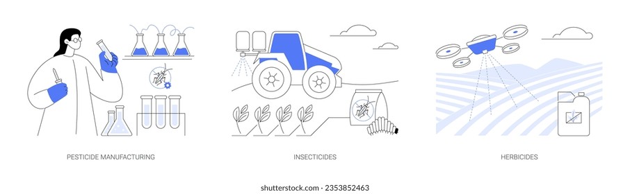 Harvest protection abstract concept vector illustration set. Pesticide manufacturing, drone spraying insecticides and herbicides, killing weed and parasite, agribusiness industry abstract metaphor.