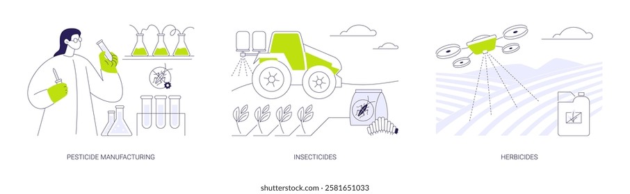 Harvest protection abstract concept vector illustration set. Pesticide manufacturing, drone spraying insecticides and herbicides, killing weed and parasite, agribusiness industry abstract metaphor.