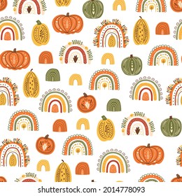 Harvest pumpkin pattern. Pumpkin background, autumn rainbows, cute hand drawn rainbow, autumn seamless print