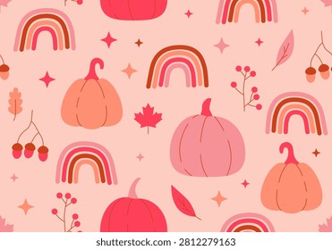 Harvest pumpkin pattern. Pumpkin background, autumn rainbows, cute hand drawn rainbow, autumn seamless design. Pumpkin rainbow fall seamless pattern. Cute autumn harvest background Thanksgiving decorative pumpkin