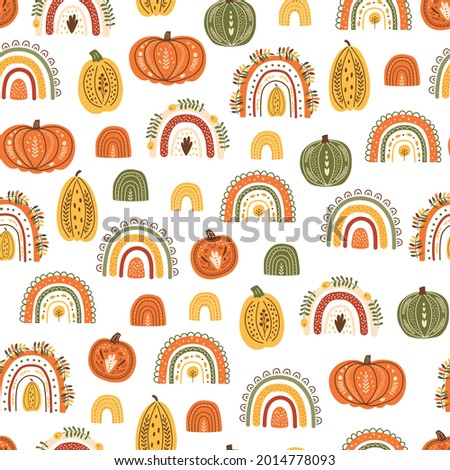 Harvest pumpkin pattern. Pumpkin background, autumn rainbows, cute hand drawn rainbow, autumn seamless print