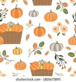 Harvest And Pumpkin Picking Seamless Pattern Background For Fabric, Stationery, Wallpaper, Wrapping Paper Design.Fall And Autumn Digital Repeating Background In Scandinavian Vector Style.