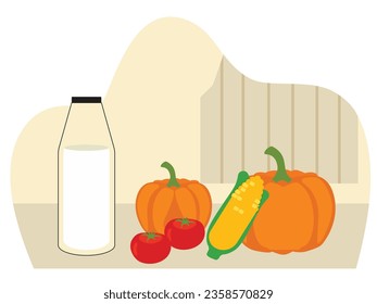 Harvest pumpkin, tomato and corn vegetables with cow's milk from the farm, on a wooden ranch. Character design. Vector flat illustration