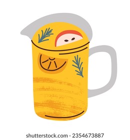 Harvest punch icon, vector doodle illustration of glass jug with fruit lemonade, herbal autumn drink, beverage with apple, orange and rosemary, haloween recipe, isolated colored clipart