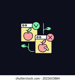 Harvest quality vision RGB color icon for dark theme. Crop quality control. Automated scanner for apples. Isolated vector illustration on night mode background. Simple filled line drawing on black