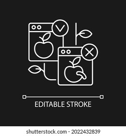 Harvest quality vision white linear icon for dark theme. Automated scanner for apple control. Thin line customizable illustration. Isolated vector contour symbol for night mode. Editable stroke
