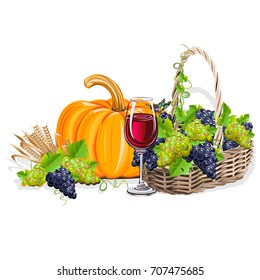 Harvest. A realistic still life with a wicker basket, grapes, pumpkin and ears. Vector illustration.