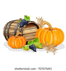 Harvest. A realistic still life with a wooden barrel, a pumpkin, grapes and ears. A vector illustration.