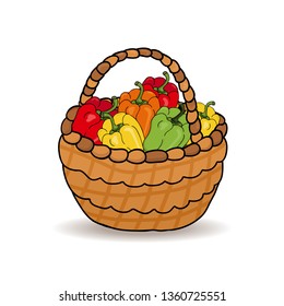 Harvest of red, green, yellow peppers in a wicker basket. Vector illustration
