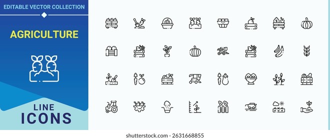 Harvest related icon set. Contain linear sign land, garden, farming, agro, plant and more. Agriculture icon set. Vector icons collection. Editable stroke. Pixel Perfect.