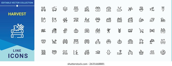 Harvest related icon set. Contain linear sign land, garden, farming, agro, plant and more. Agriculture icon set. Vector icons collection. Editable stroke. Pixel Perfect.