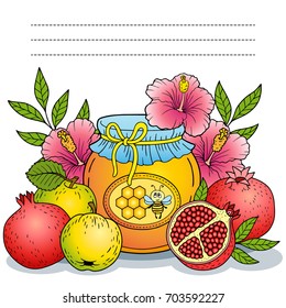 Harvest of ripe apples, pomegranates and honey pot. Rosh hashanah jewish new year holiday