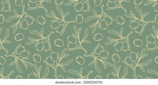 Harvest ripe olives hand engraved seamless pattern. Sketch extra virgin olive oil background. Olive tree print for packaging, textile, product design and branding, vector graphic