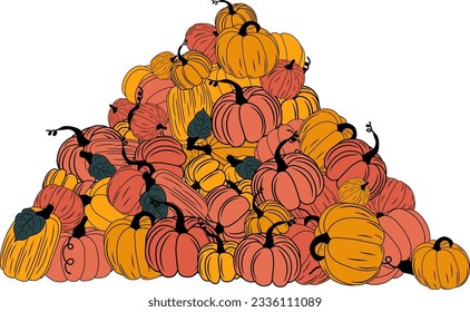 harvest of ripe orange and yellow pumpkins, mound