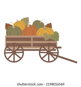 Harvest scene with wooden cart and pumpkins, leaves clipart. Vector fall decor composition with wagon wheel for thanksgiving day, autumn arrangement card, rustic  illustration