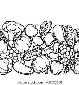 Harvest seamless pattern. Autumn illustration with seasonal fruits and vegetables.
