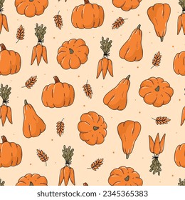 Harvest seamless pattern with doodles of carrot and pumpkins. Thanksgiving wrapping paper, scrapbooking, textile print, wallpaper, packaging, etc. EPS 10