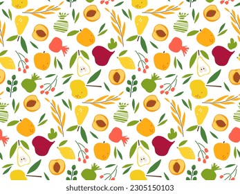 Harvest Seamless pattern. Fruits, cones and berries. Fresh Natural organic food in hand-drawn style. Repeated vector For wallpaper, wrapping paper, textile, scrapbooking.s. Ingredients for cooking