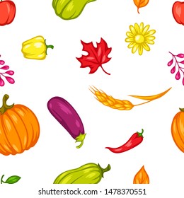 Harvest seamless pattern with fruits and vegetables. Autumn seasonal illustration.
