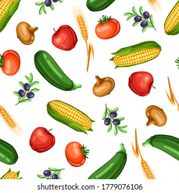 Harvest seamless pattern with fruits and vegetables. Autumn seasonal illustration.