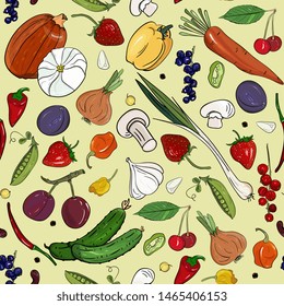 Harvest seamless pattern.Hand drawn vintage background with pumpkin,mushroom,cucumbers,onions, garlic,pepper,carrots,peas,strawberry,currant,plum,cherry,chili.Farm Market,for menu,textile, healthy