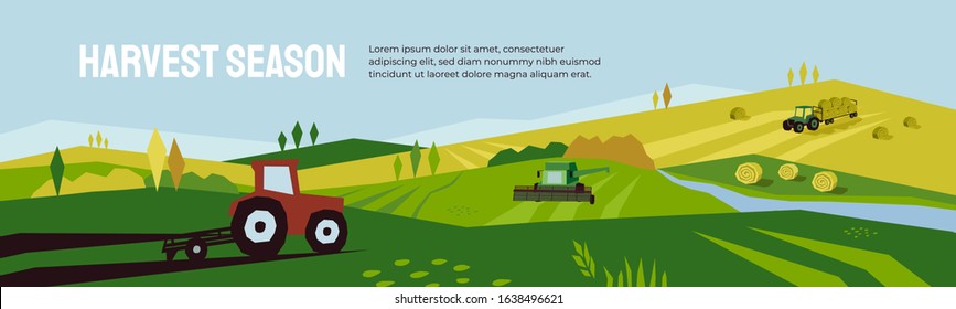 Harvest season and agriculture concept. Farm landscape, panoramic scenery of countryside in autumn. Vector illustration of tractors, plowing land, combine harvester and hayfield with haystack rolls.