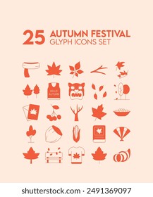 Harvest Season Glyph Icons: 25 elegant Filled icons featuring pumpkins, leaves, and Trees etc. Perfect for Website, design, digital and print projects.