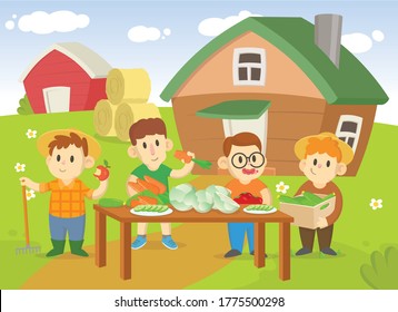 Harvest season on a farm with happy kids characters. Farmers eating outside. Colorful flat vector illustration, isolated on white background.
