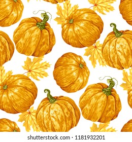 Harvest season pumpkin vector seamless pattern with maple leaves