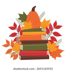 Harvest season reading

Books stack with pumpkin and autumn leaves. Home library for reading, education.