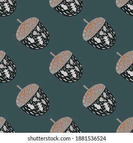 Harvest season seamless pattern with beige and black colored chestnut shapes. Green background. Stock illustration. Vector design for textile, fabric, giftwrap, wallpapers.