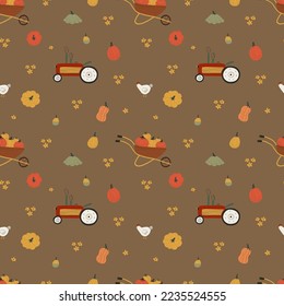 Harvest season seamless pattern. Cute tractor,  chicken, wheelbarrow with colorful pumpkins, flowers. Cozy farm, thanksgiving day vector background