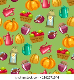 Harvest season seamless vector pattern with household elements anf food in bright colors in graphic design illustration