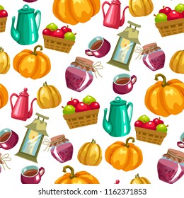 Harvest season seamless vector pattern with household elements anf food in bright colors in graphic design illustration