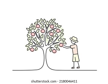 harvest season, teen boy farmer gathering an apple, growing agricultural products, ripe apples ready for harvesting, doodle black line vector illustration, hand drawn