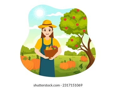 Harvest Season Vector Illustration with Autumn of Pumpkins and Seasonal Agricultural on a Farm in Flat Cartoon Hand Drawn Background Templates