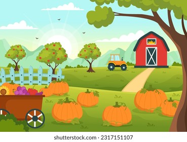 Harvest Season Vector Illustration with Autumn of Pumpkins and Seasonal Agricultural on a Farm in Flat Cartoon Hand Drawn Background Templates