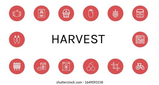 harvest simple icons set. Contains such icons as Pumpkin, Corn, Fertilizer, Raspberries, Wheat, Flour, Cherry, Crop, Tractor, Carrot, Agriculture, can be used for web, mobile and logo