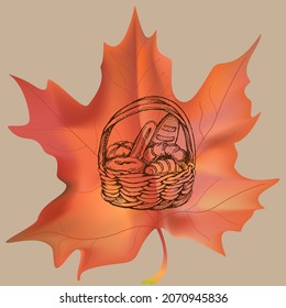 Harvest sketch on a maple leaf. Natural and organic product labels, T-shirt and bag printing.