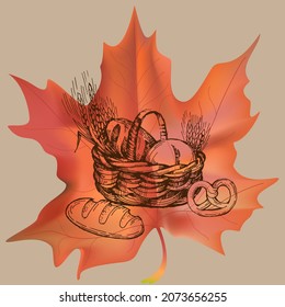Harvest sketch on a maple leaf. Natural and organic product labels, T-shirt and bag printing.