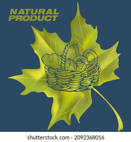 Harvest sketch on a maple leaf. Natural and organic product labels, T-shirt and bag printing.