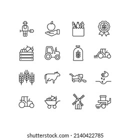 Harvest, sowing season, agriculture simple thin line icon set vector illustration. Grocery box, tractor, wheat box, cow, mill, harvester and more.