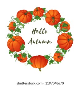 Harvest, thanksgiving, halloween poster, flyer, greeting card, banner vector design template. Hello autumn circular frame with orange pumpkins different shape and size with vines and leaves.