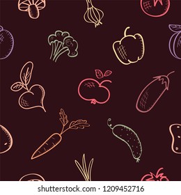 Harvest theme. Seamless pattern with fruits and vegetables. Vector background, sketch illustration with food. Autumn, fall season. Wallpaper.