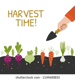 Harvest Time bright banner. Man is harvesting in a field . Modern hand drawn design template. Vector illustration.