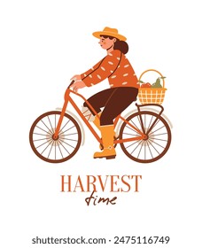 Harvest Time. Cute young woman in farmer hat rides on bicycle with crop, basket full of apples and pears. Illustration for harvest festival with text, lettering. Cartoon autumn clip art with person.